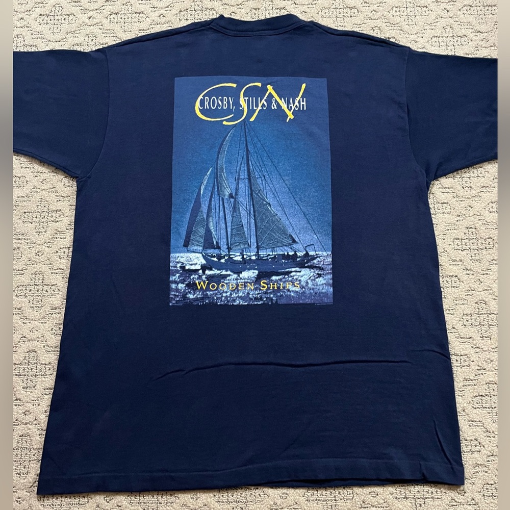 🎸 '94 Crosby, Stills, Nash Band Wooden Ships Lyrics Extreme Vintage Navy Lyric T - Picture 11 of 15